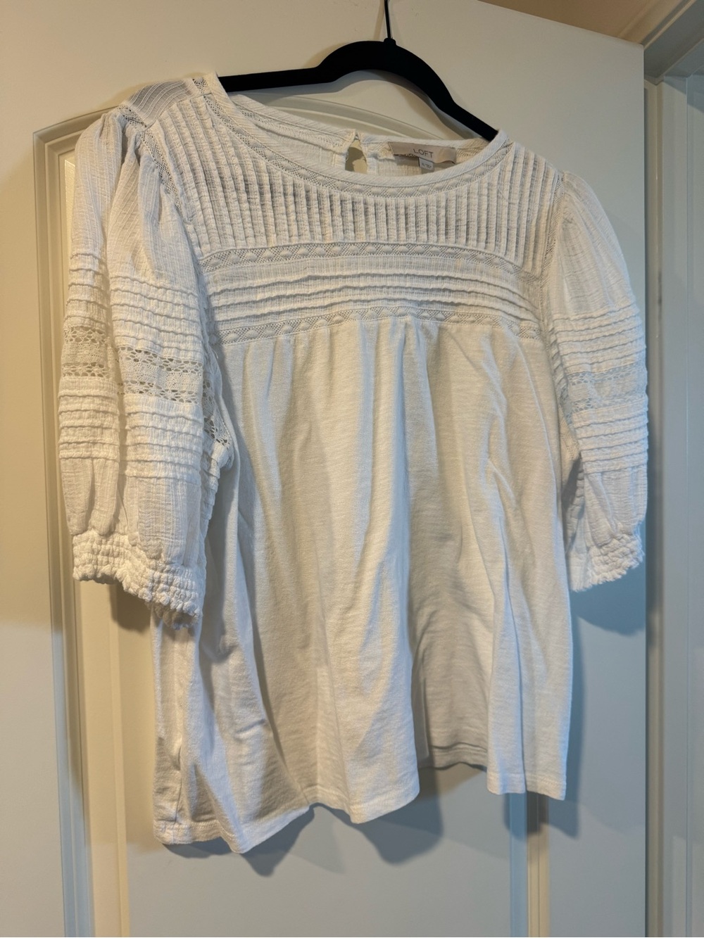 LOFT White Cotton Pintuck & Lace Blouse